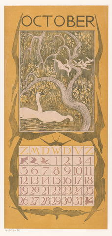 Calendar sheet October with swans, Theo van Hoytema, 1901 Canvas Print