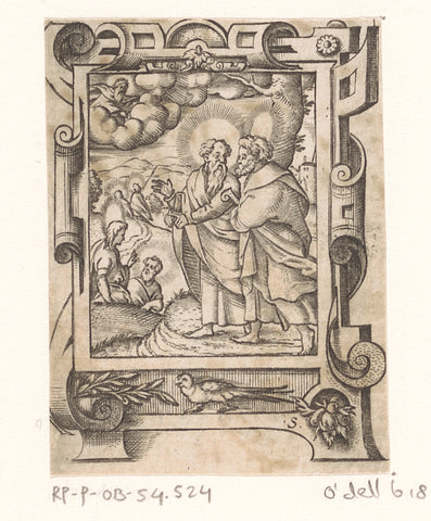 God the Father addressing the apostles in a rollwork frame, Virgil Solis, 1568 Canvas Print