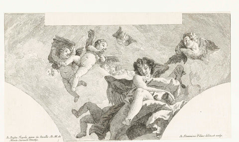 Engel en putti with indulgence books of the Carmelieter Order and cherubim, Giovanni Domenico Tiepolo, 1742 - 1746 Canvas Print