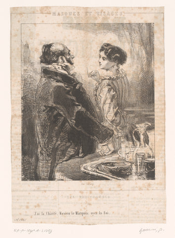 Woman with cigarette in conversation with marquis, Paul Gavarni, 1852 Canvas Print