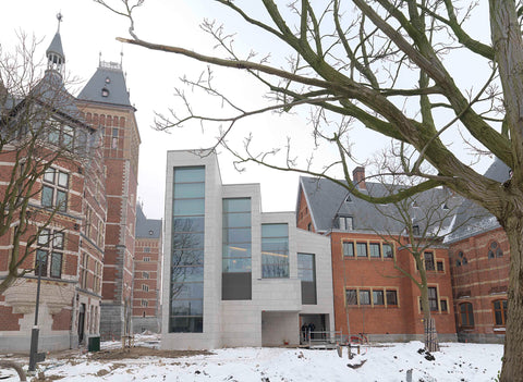 Entrance building with on the left the former villa of the main director, the east façade of the museum and on the right the Teekenschool during the renovation during the winter of 2013, 2013 Canvas Print