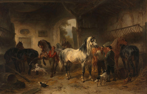 Interior of a stable with horses and figures, Wouter Verschuur (1812-1874), 1850 - 1874 Canvas Print