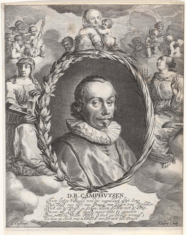 Portrait of the theologian Dirck Rafaelsz Camphuysen, surrounded by allegorical figures, Salomon Savery, 1635 - 1665 Canvas Print