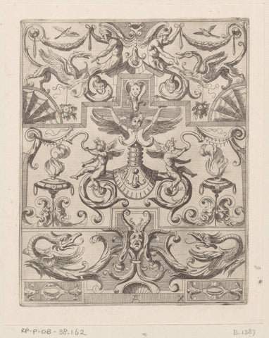 Grotesque ornament with two horn-blowing angels in the middle, anonymous, 1624 - 1679 Canvas Print