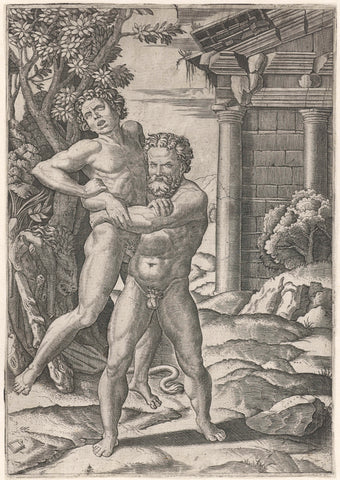 Hercules worstelt met Antaeus, Marcantonio Raimondi, 1520 - 1522 Canvas Print