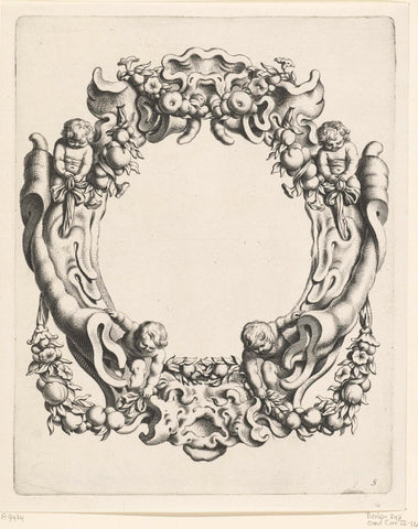 Cartouche with kwabornament, above and below a mask, Michiel Mosijn, 1640 - 1655 Canvas Print