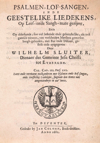 Title page for: Willem Sluiter, Psalmen, lof-sangen, ende geestelike liedekens, 1661, Jochem van Stegeren, 1661 Canvas Print