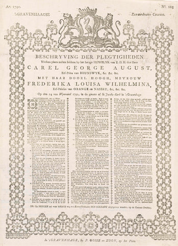 Newspaper with the news about the marriage of Princess Louise of Orange-Nassau with Charles of Brunswick-Wolfenbüttel, 1790, P. Gosse and Son, 1790 Canvas Print