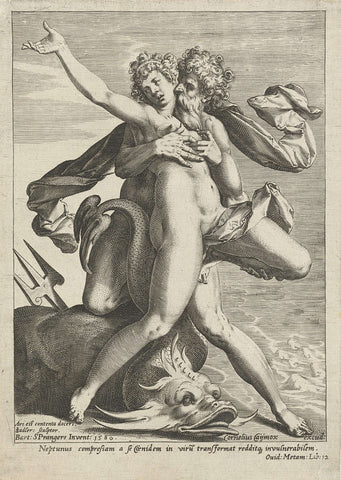 Caenis embraced by Neptune, Johann Sadeler (I), 1580 Canvas Print