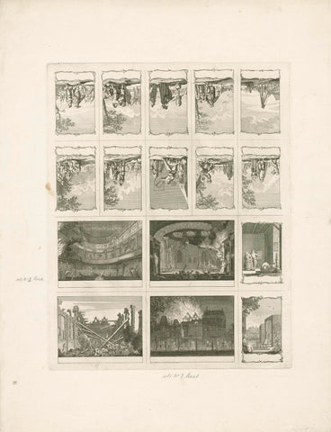 Sheet with 12 vignettes and 4 plates of the fire in the Amsterdamse Schouwburg, 1772, anonymous, 1772 - 1775 Canvas Print