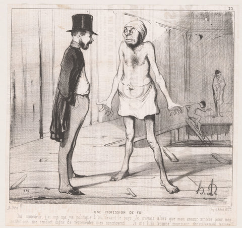 Man in swimsuit speaks dressed man, Honoré Daumier, 1842 Canvas Print