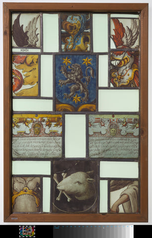 Diamond with fragments of a coat of arms with helmet, climbing lion, lambrequins, cartouches with inscriptions and a shield with sheep's head with bones in the beath, anonymous, 1600 - 1699 Canvas Print