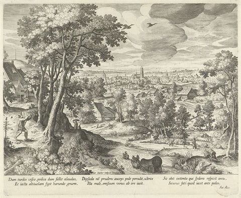 Landscape with the fable of the bird catcher and the snake, Johann Sadeler (I), 1595 - 1600 Canvas Print