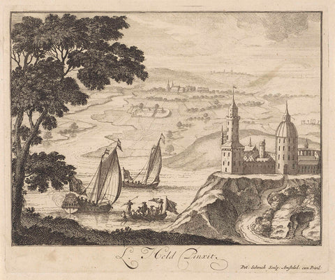 Landscape with River and Castle on a Hill, Pieter Schenk (I), 1670 - 1711 Canvas Print