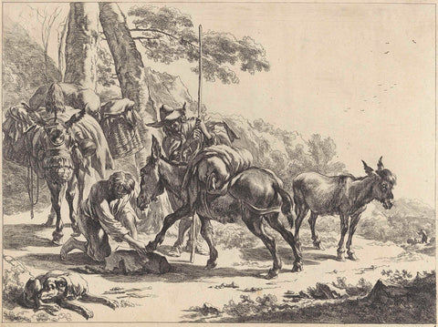 Farrier with a donkey, Jan de Visscher, 1657 - 1706 Canvas Print