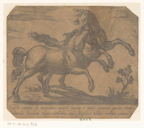 Two fighting horses running to the right, Antonio Tempesta, 1590 Canvas Print