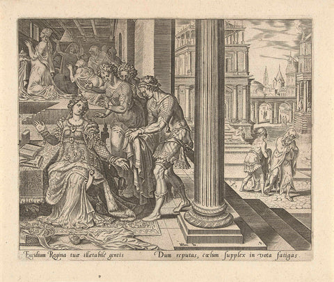 Esther hears from her maids that Mordecai wears mourning clothes, Philip Galle, 1564 Canvas Print