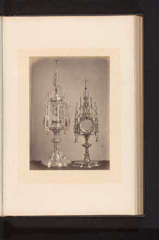 Two partly gilded silver monstrances, exhibited at an exhibition on religious objects from the Middle Ages and Renaissance in 1864 in Mechelen, Joseph Maes, 1864 Canvas Print