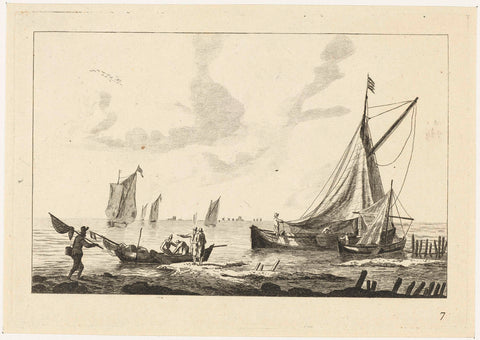 Inland waterway with sailing ships and fishermen on the shore, anonymous, 1700 - 1799 Canvas Print