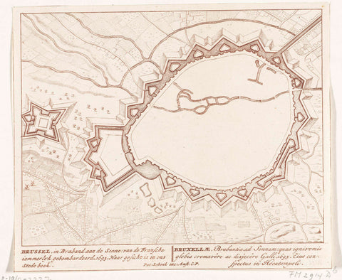 Fortress map of Brussels, bombed by the French army in 1695, anonymous, 1695 - 1711 Canvas Print