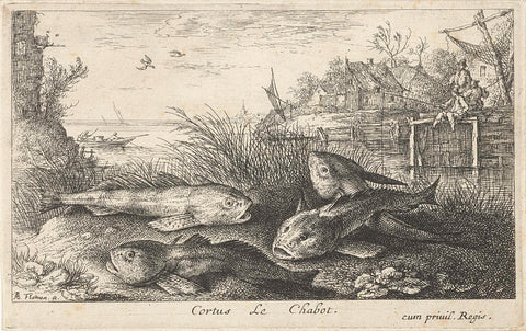 Four head fronts on a riverbank, Albert Flamen, 1664 Canvas Print