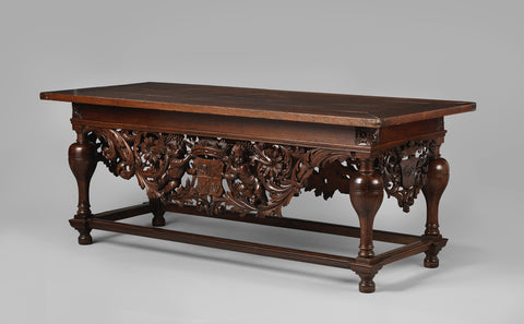 Oak table with inverted bottle-shaped legs. Under table lines sculpted openwork decorative pieces with putti, leaf and flower arrangements and coat of arms Van Selbach and year 1697, Jan de Rijk, 1697 Canvas Print