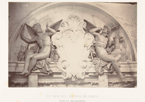 Two statues of male angels with a brush in hand, sitting on either side of a medallion, situated above a door party., Louis-Emile Durandelle, c. 1878 - 1881 Canvas Print