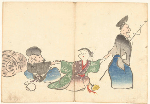 Two lucky gods and a temple dancer, Nakamura Hôchû, 1826 Canvas Print