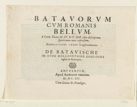 Title page for the series De Bataafse Opstand, 69-70, Otto van Veen, 1612 Canvas Print