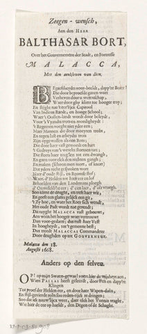 Sheet with verse in honour of Bathasar Bort, 1662, anonymous, 1662 - 1670 Canvas Print