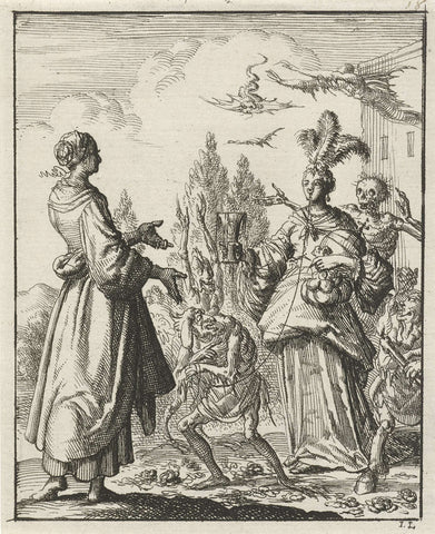 Woman points to a richly dressed woman who is led by a cord by Sin and surrounded by Death and Satan, Jan Luyken, 1687 Canvas Print