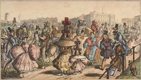 Men and women in striking attire walk in a park in a city, William Heath, 1829 Canvas Print