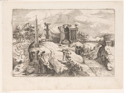 Landscape with antique ruin of a temple and an obelisk, Giovanni Battista Pittoni (I), 1561 Canvas Print