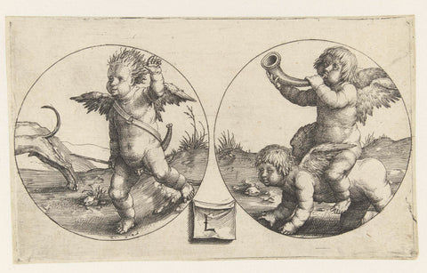 Two medallions with putti, Lucas van Leyden, 1515 - 1519 Canvas Print