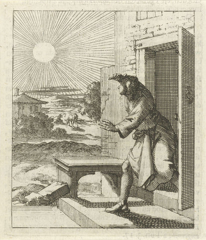 Man protects his eyes from the sun when he walks out, Jan Luyken, 1689 Canvas Print