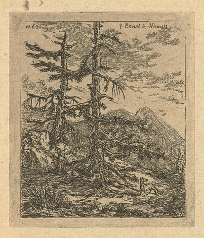 Mountain landscape with two spruce trees, Gerardus Emaus de Micault, 1863 Canvas Print