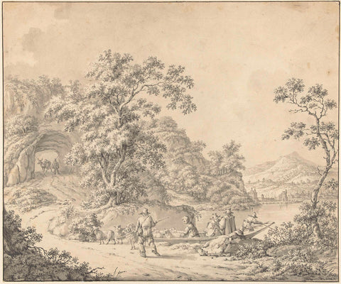 Landscape with a barge in which a shepherd with his flock, Jurriaan Andriessen (attributed to), 1755 - 1818 Canvas Print