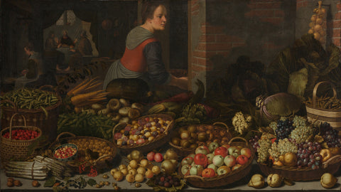 Still Life with Fruit and Vegetables, with Christ at Emmaus in the background, Floris van Schooten, c. 1630 Canvas Print