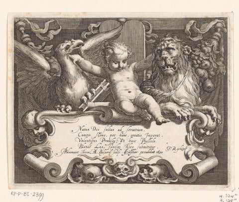 Title page with child between tamed lion and bird of prey on top of shield with verse, Boëtius Adamsz. Bolswert, 1632 Canvas Print