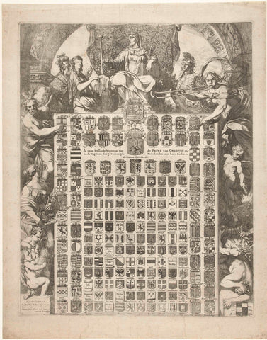 The 64 sex coats of arms of Prince William III in an allegorical frame, 1672, Gerard de Lairesse, 1672 Canvas Print