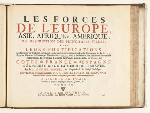 Titelpagina voor het prentwerk: The Forces of Europe, Asia, Africa and America (...) Comme aussi les Cartes des Côtes de France et d'Espagne (deel VII), 1726, Pieter van der Aa (I), 1726 Canvas Print