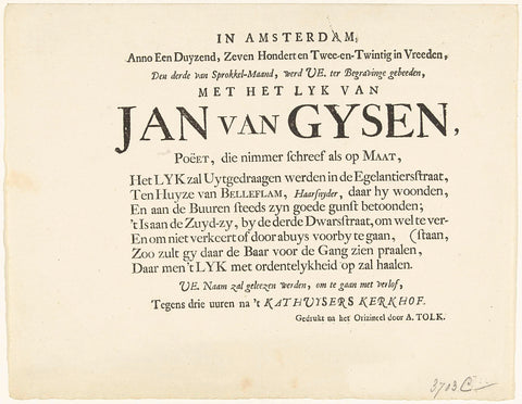 Invitation to the funeral of the poet Jan van Gijsen, 1722, A. Tolk, 1722 Canvas Print