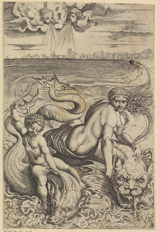 Venus and Amor on dolphins, Marco Dente, 1600 - 1610 Canvas Print