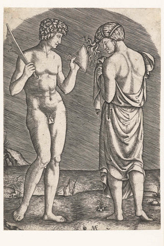 Naked man shows axe to half-naked woman, Marcantonio Raimondi, 1510 - 1527 Canvas Print