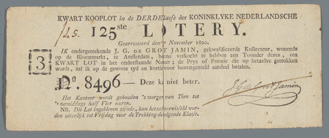 Lottery letter, D.C. de Groot Jamin, 1820 Canvas Print