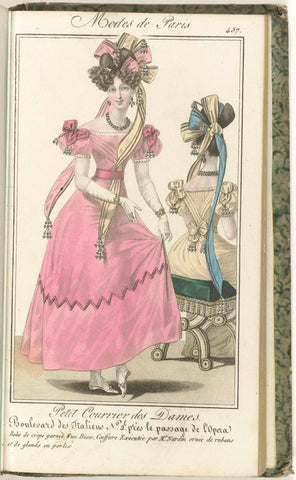 Petit Courrier des Dames, 1827, No. 457 : Robe de crèpe garnie d'un biais..., anonymous, 1827 Canvas Print