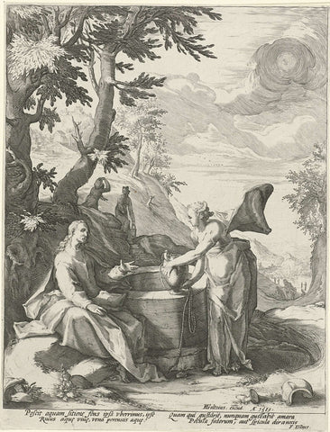 Christ and Samaritan woman, Jacob Matham (attributed to), 1589 Canvas Print