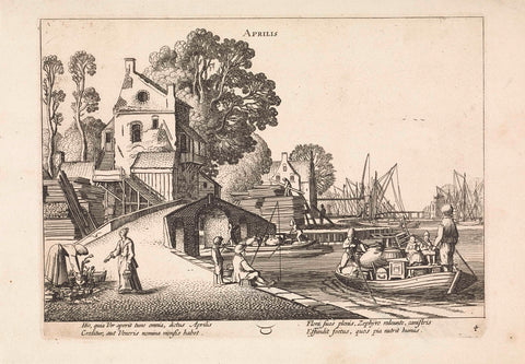 Village view with activity on the water: April, Jan van de Velde (II), 1630 - 1699 Canvas Print