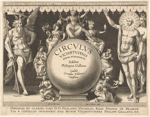 Title page of a series on the cycle of human action, Jan Collaert (II), 1576 - 1612 Canvas Print