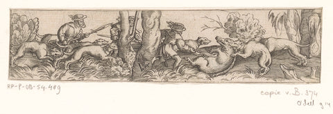 Wild boar hunt with three hunters, anonymous, 1524 - 1612 Canvas Print